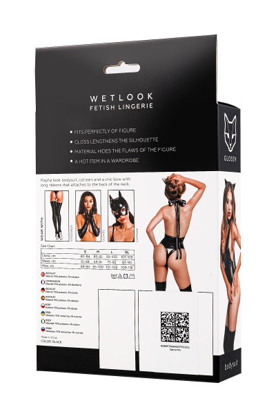 Боди Glossy Kitti с ушками на ободке из материала Wetlook, черное, S